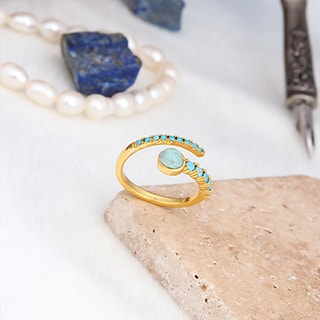 Bague - Laiton plaqué or, larimar & zircon
