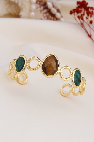 Pulseira rígida - Banhado a ouro amarelo, ágatas e olho de tigre