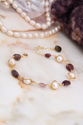 Pulseira - Banhado a ouro amarelo, quartzo e pérolas de cultura