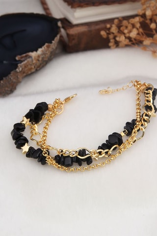 Pulseira com várias fileiras - Banhado a ouro amarelo e ónix
