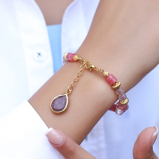Pulseira folheada a ouro fino amarelo - Quartzo rosa