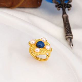 Anel ajustável - Latão banhado a ouro, variscite e pérolas