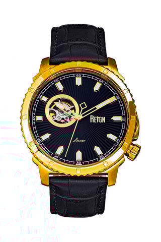 Montre automatique en cuir Bauer - Noir et doré