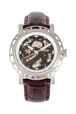 Montre automatique en cuir Stavros - Marron foncé et argenté - Reign
