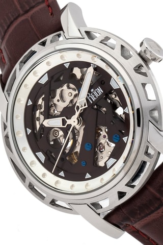 Montre automatique en cuir Stavros - Marron foncé et argenté - Reign