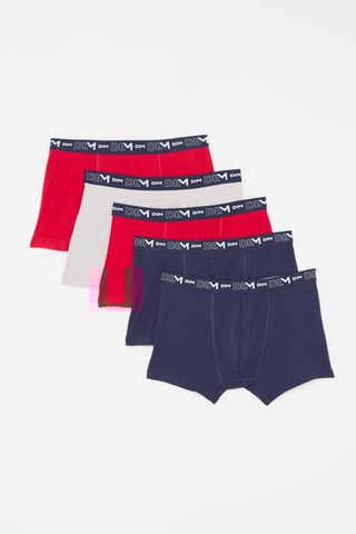 5 boxers Coton Stretch - Bleu marine, gris et rouge