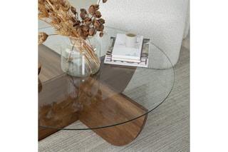 Table basse - Structure en bois massif - Plateau en verre trempé - 90 x 30 x 90 cm