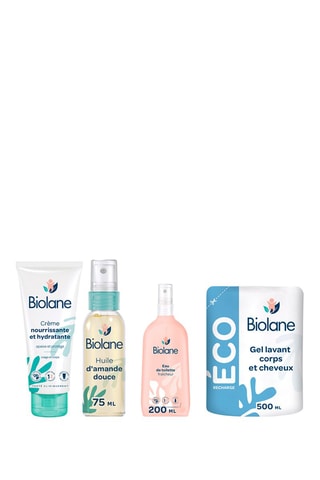 	Multifunctionele zoete amandelolie, frisse eau de toilette, navulbare biologische haar- en bodywash en voedende, hydraterende crème.