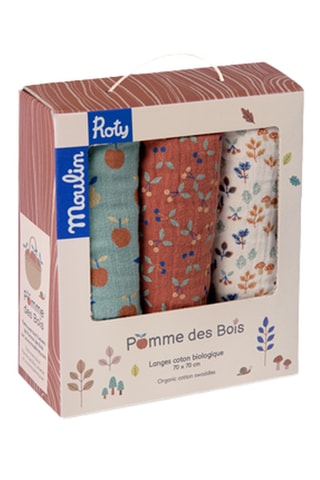 3 langes en coton biologique Pomme des Bois - Vert d'eau et rouge brique