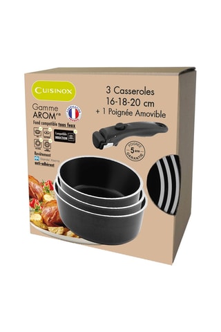 3 casseroles et 1 manche amovible Arom - 16/18/20 cm
