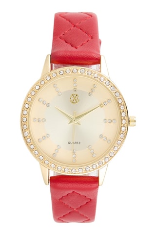 Montre à quartz en cuir synthétique - Rouge et doré