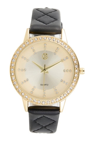 Montre à quartz en cuir synthétique - Noir et doré