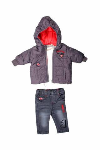 T-shirt, Jas met Capuchon en Jeans 
Grijs  