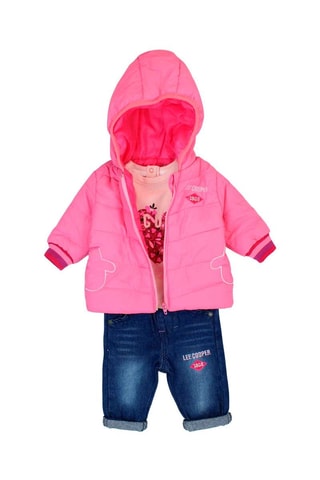 T-shirt, Gewatteerde Jas met Capuchon en Spijkerbroek - 
Roze en Marineblauw  