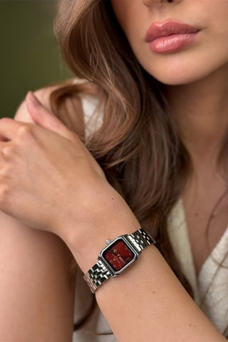 Coffret relógio de quartzo em prata ionizada e diamante e pulseiras em couro Olympe