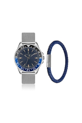 Coffret relógio de quartzo em couro, prata íon e diamante e bracelete em couro Olympe