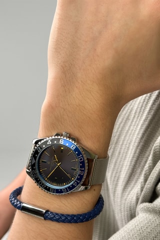 Coffret relógio de quartzo em couro, prata íon e diamante e bracelete em couro Olympe