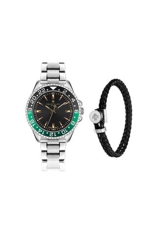 Coffret relógio de quartzo em couro, prata íon e bracelete em couro Olympe 