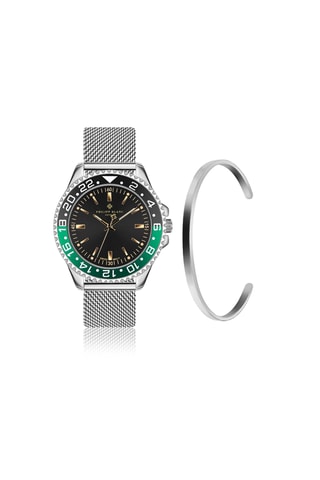 Coffret relógio de quartzo em couro prata íon e bracelete em couro Olympe 