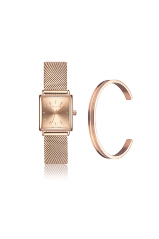 Coffret relógio de quartzo em prata íon ouro rosa e diamante e pulseira Florence