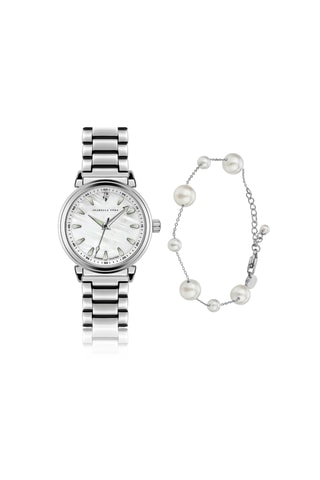 Coffret relógio de quartzo em íon prata, diamante e madrepérola e bracelete Joie