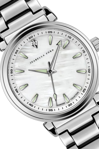Coffret relógio de quartzo em íon prata, diamante e madrepérola e bracelete Joie