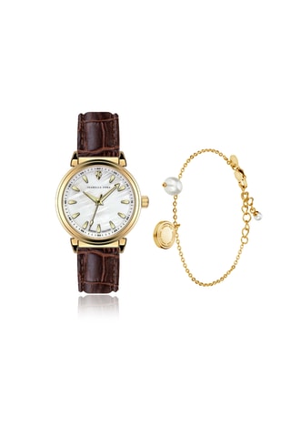 Coffret relógio de quartzo em couro, banhado a ouro amarelo, diamante e madrepérola e bracelete Barbara