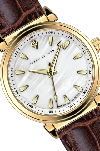 Coffret relógio de quartzo em couro, banhado a ouro amarelo, diamante e madrepérola e bracelete Barbara