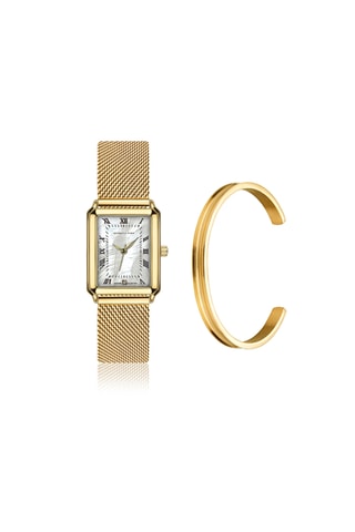 Coffret relógio de quartzo em íon ouro amarelo, madrepérola e diamante e pulseira rígida Coralie