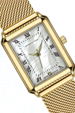 Coffret relógio de quartzo em íon ouro amarelo, madrepérola e diamante e pulseira rígida Coralie