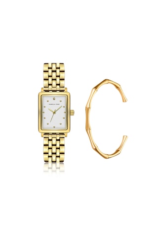 Coffret relógio de quartzo em prata íon ouro amarelo e diamante e bracelete Eulalie