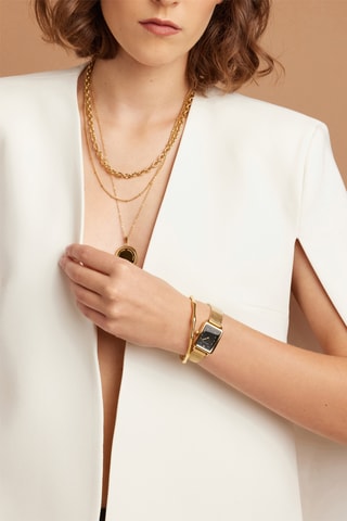 Coffret relógio de quartzo em prata íon ouro amarelo e diamante e bracelete Cléophée