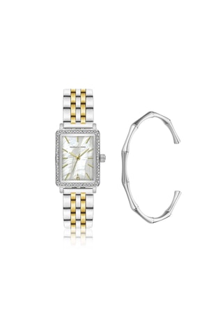 Coffret relógio de quartzo em íon ouro amarelo, prata, madrepérola e diamantes e pulseira rígida Agathe