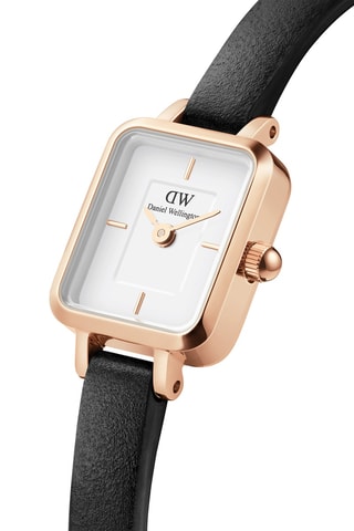 Leren Quartz Horloge Quadro Mini - Zwart en Roségoudkleurig