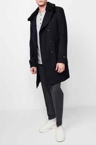 Manteau en laine et fourrure de mouton Noir