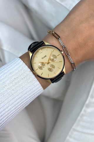 Montre à quartz en cuir Minuit - Noir et doré