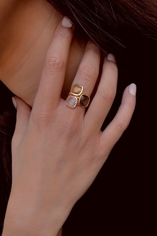 3 Ringen - Zilver Doublé Geelgoud, Citrien en Quartz