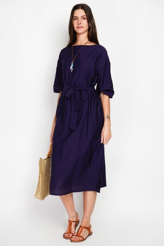 Vestido midi em linho - Azul-marinho