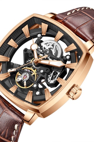 Leren en Doublé Roségoud Automatisch Horloge