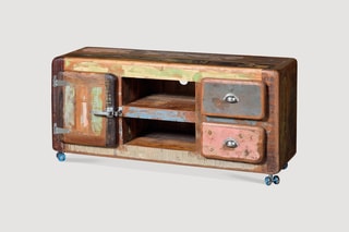 Meuble TV 1 porte - Naturel et rose