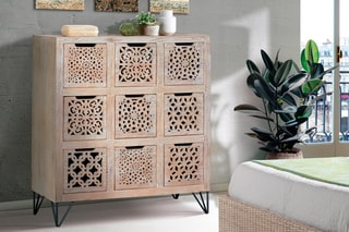 Commode 9 tiroirs - Blanc vieilli et naturel