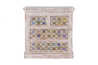 Commode 4 tiroirs - Blanc vieilli et doré
