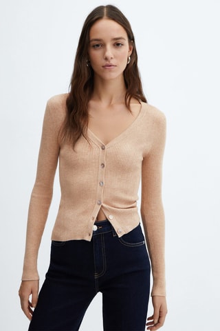 Cardigan maille câtelée col V - Marron moyen
