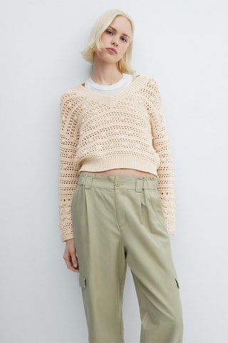 Pull-over maille ajourée col V - Beige