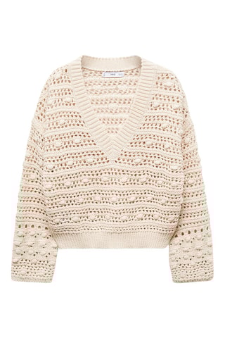 Pull-over maille ajourée col V - Beige