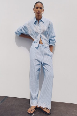 Pantalon rayures broderie - Ciel
