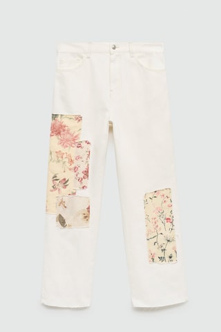 Jean droit empiècements fleuris - Blanc