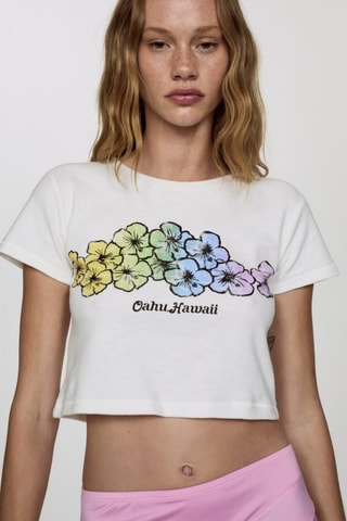 T-shirt crop imprimé - Blanc cassé
