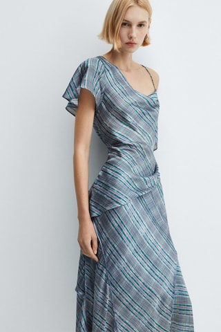 Jupe midi satinée carreaux - Bleu