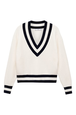 Pull-over à col en V contrastant - Écru